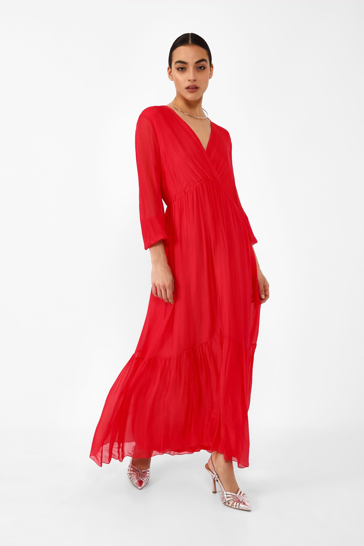 Women's social long dress DIXIE made of a red silk blend