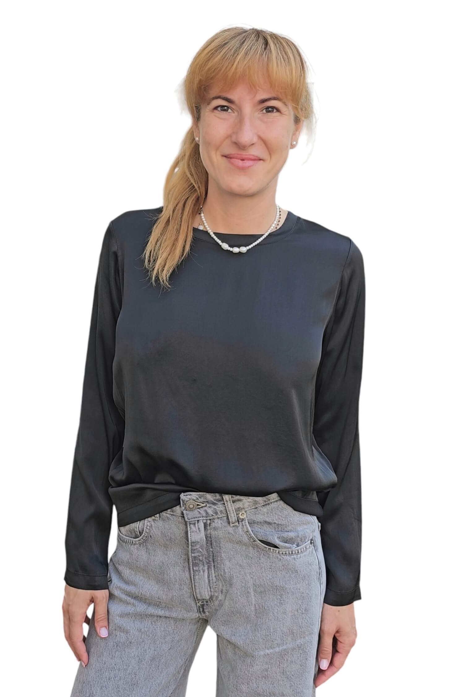 Women's satin T-shirt with long sleeves VICOLO black