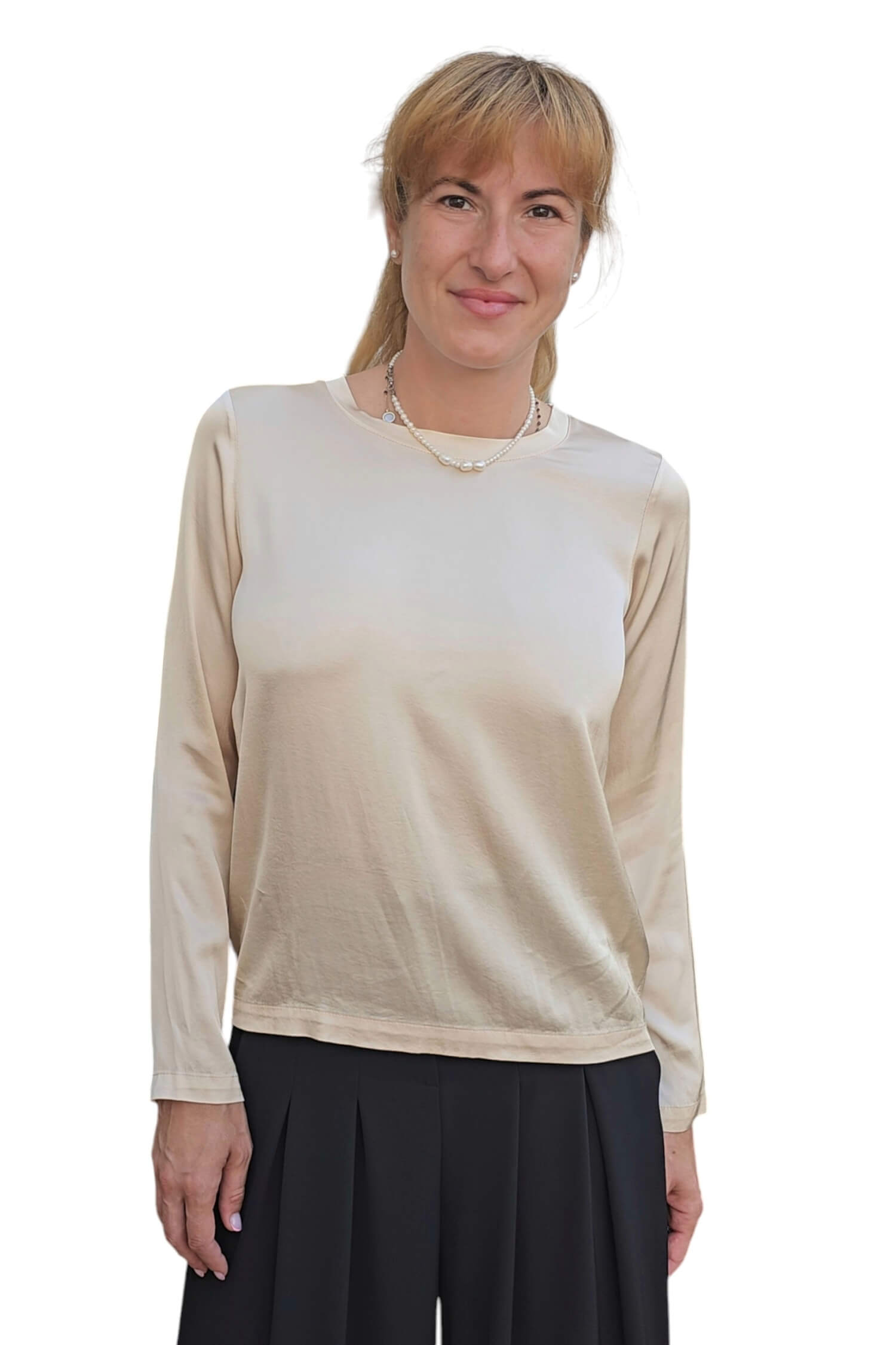 Women's satin t-shirt with long sleeves VICOLO beige