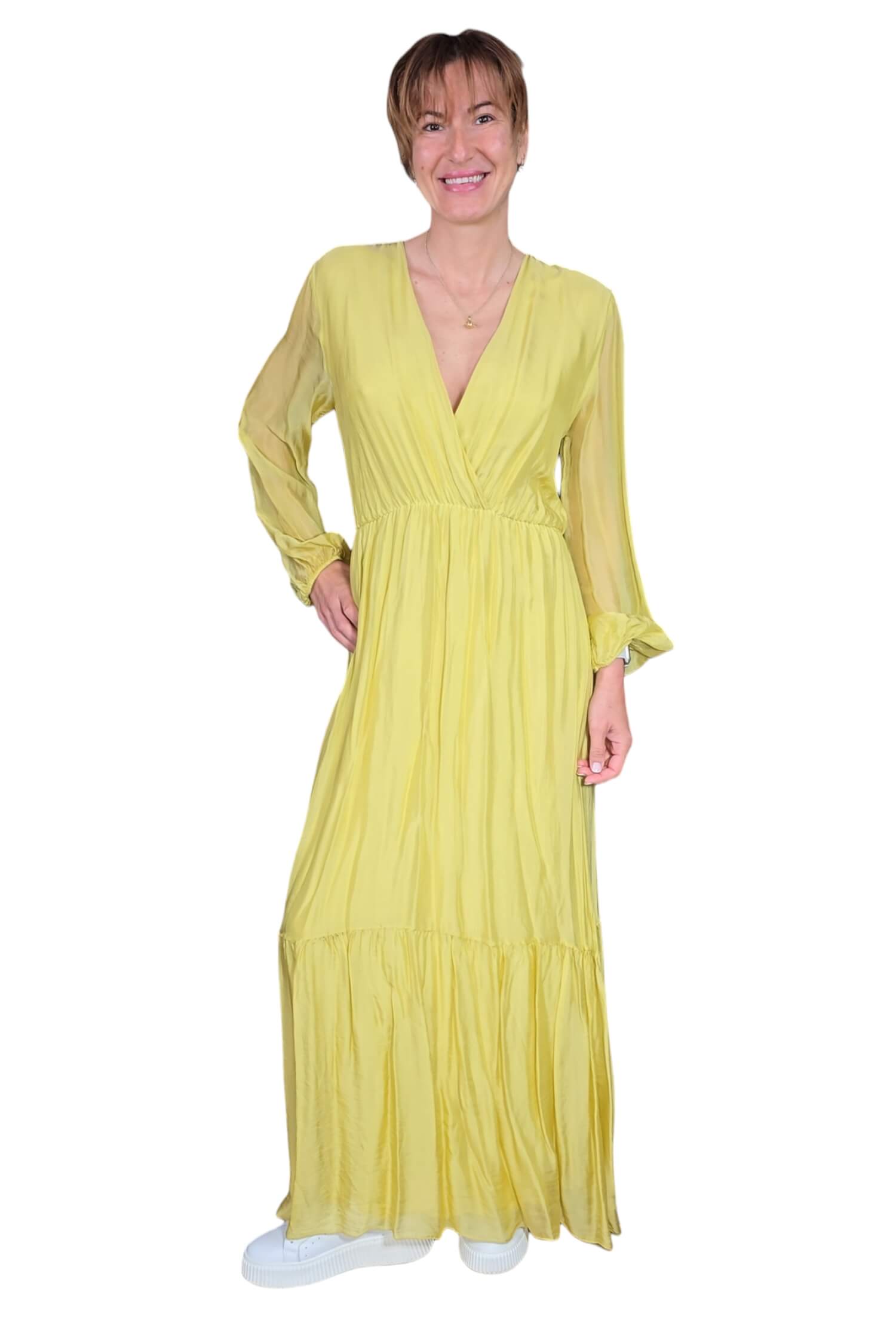 Women's social long summer dress DIXIE made of a yellow silk blend