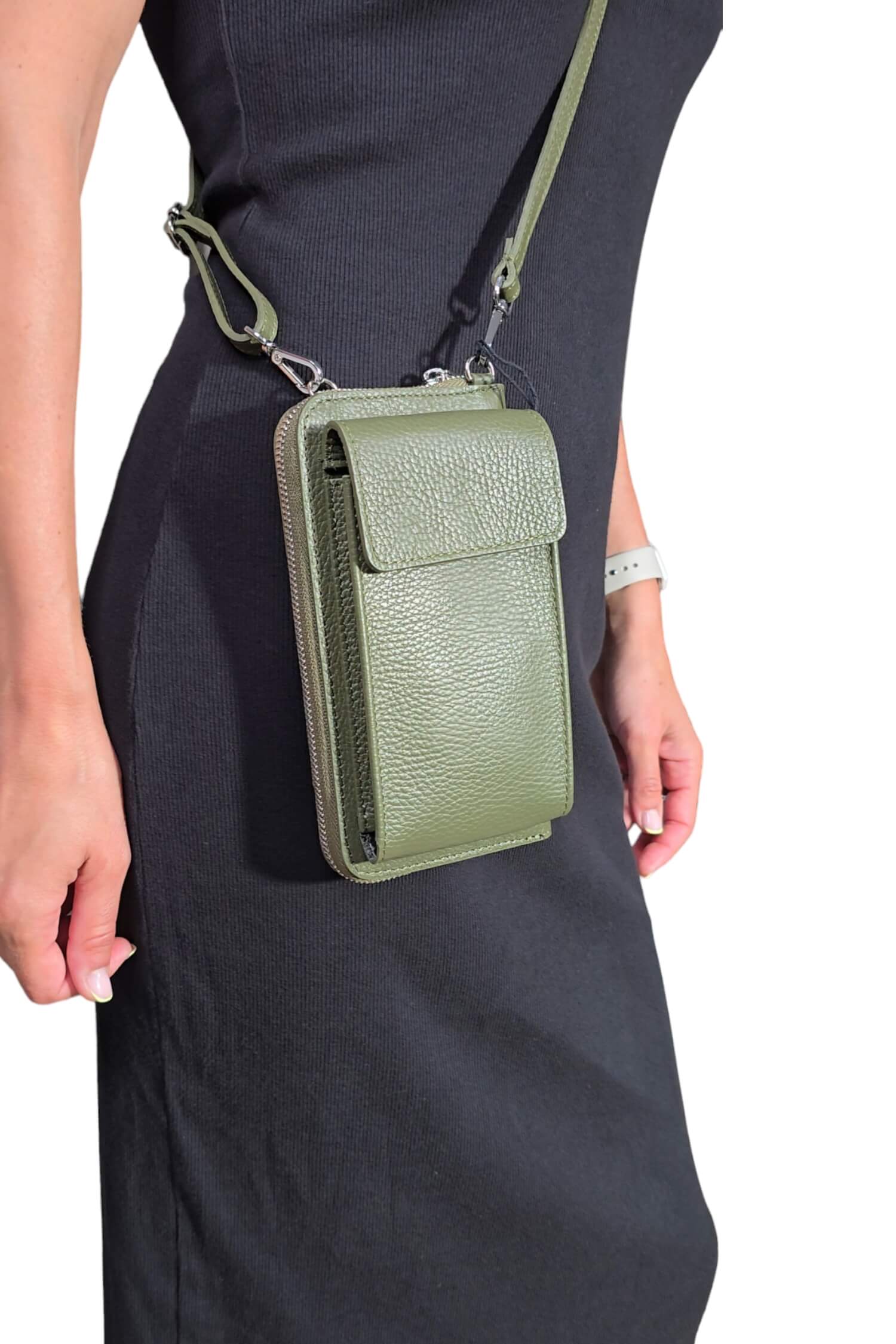 Women's leather crossbody mobile phone bag - wallet khaki green