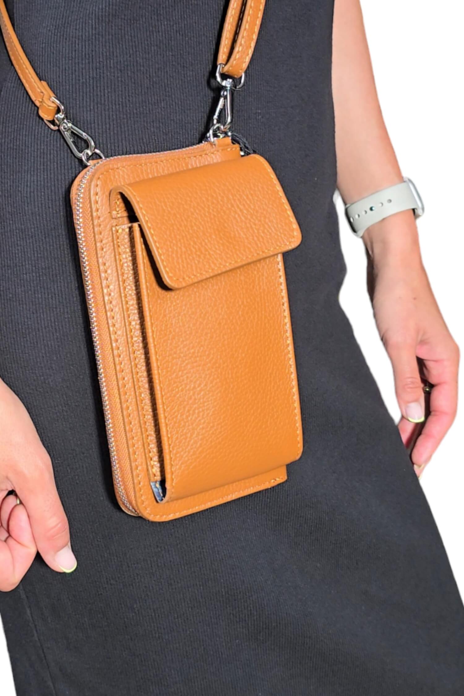 Women's leather crossbody mobile phone bag - wallet orange