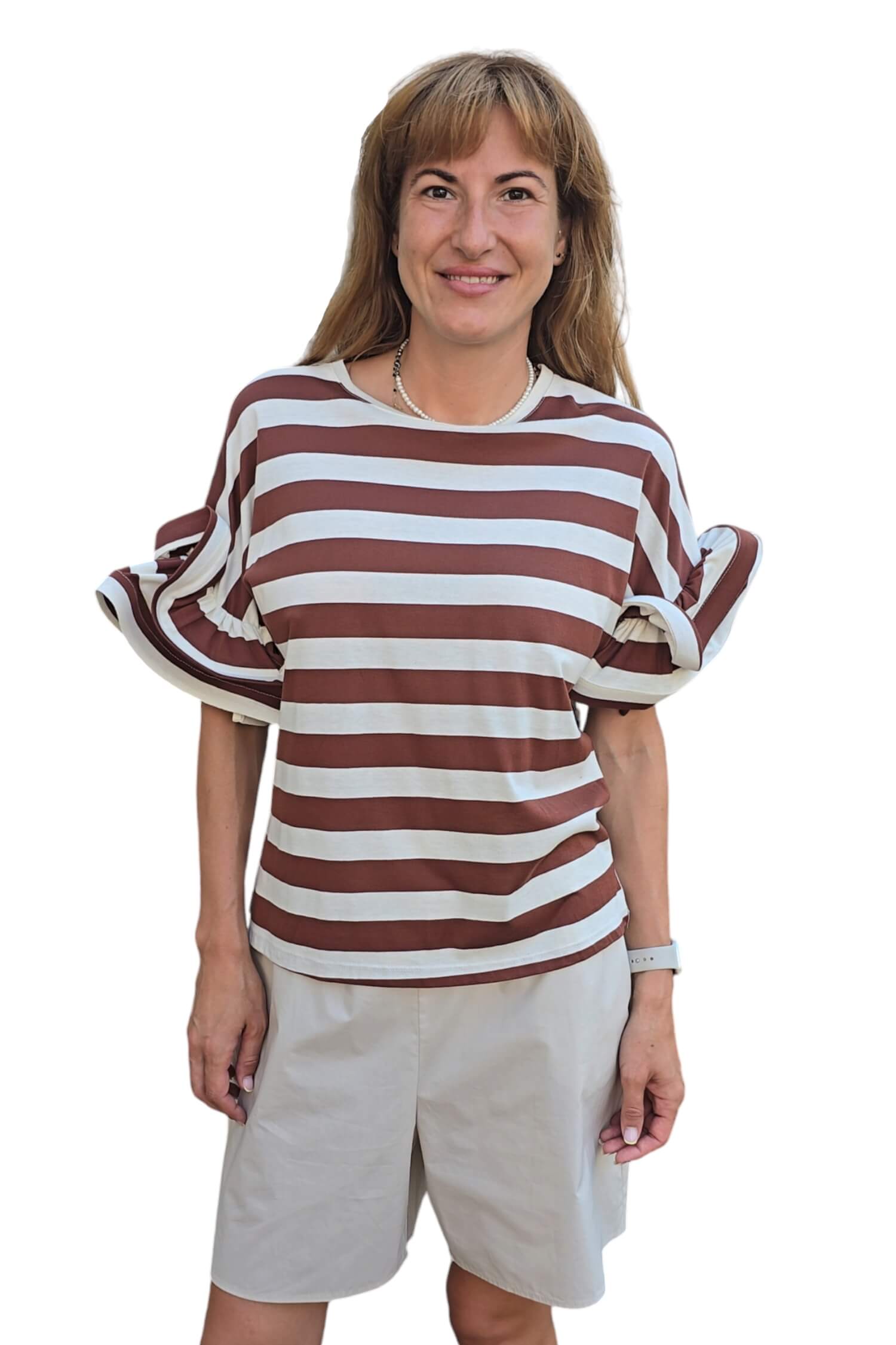 T-shirt with ruffled sleeves VICOLO striped brown