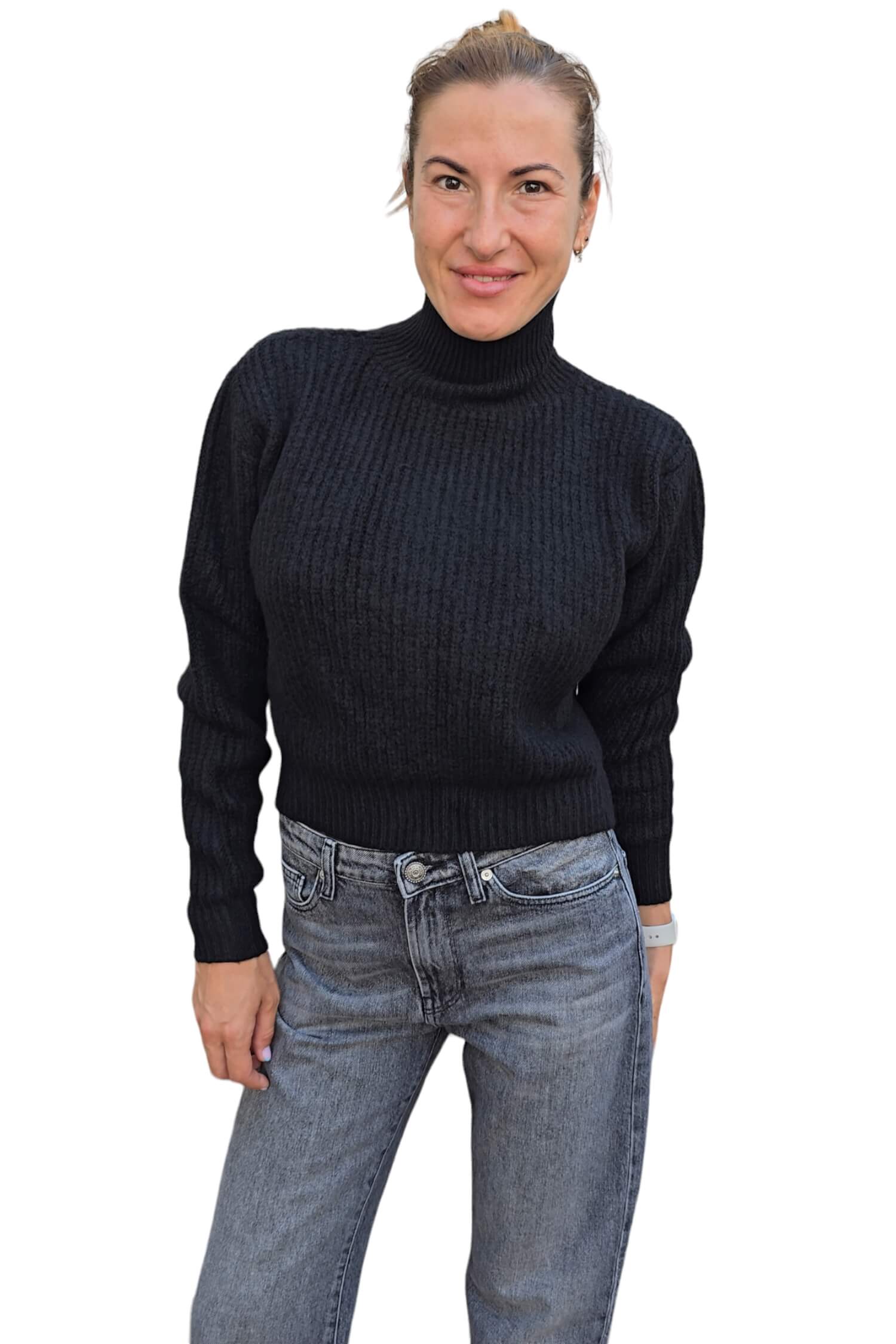 Women's short wool sweater KONTATTO black (wool blend)