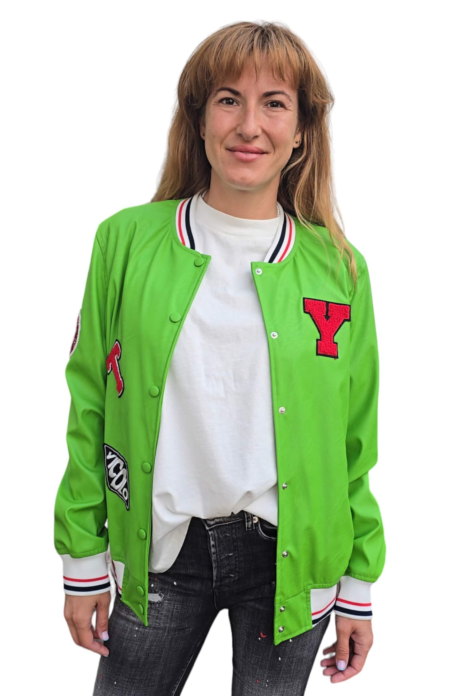 Women's leather bomber jacket VICOLO green