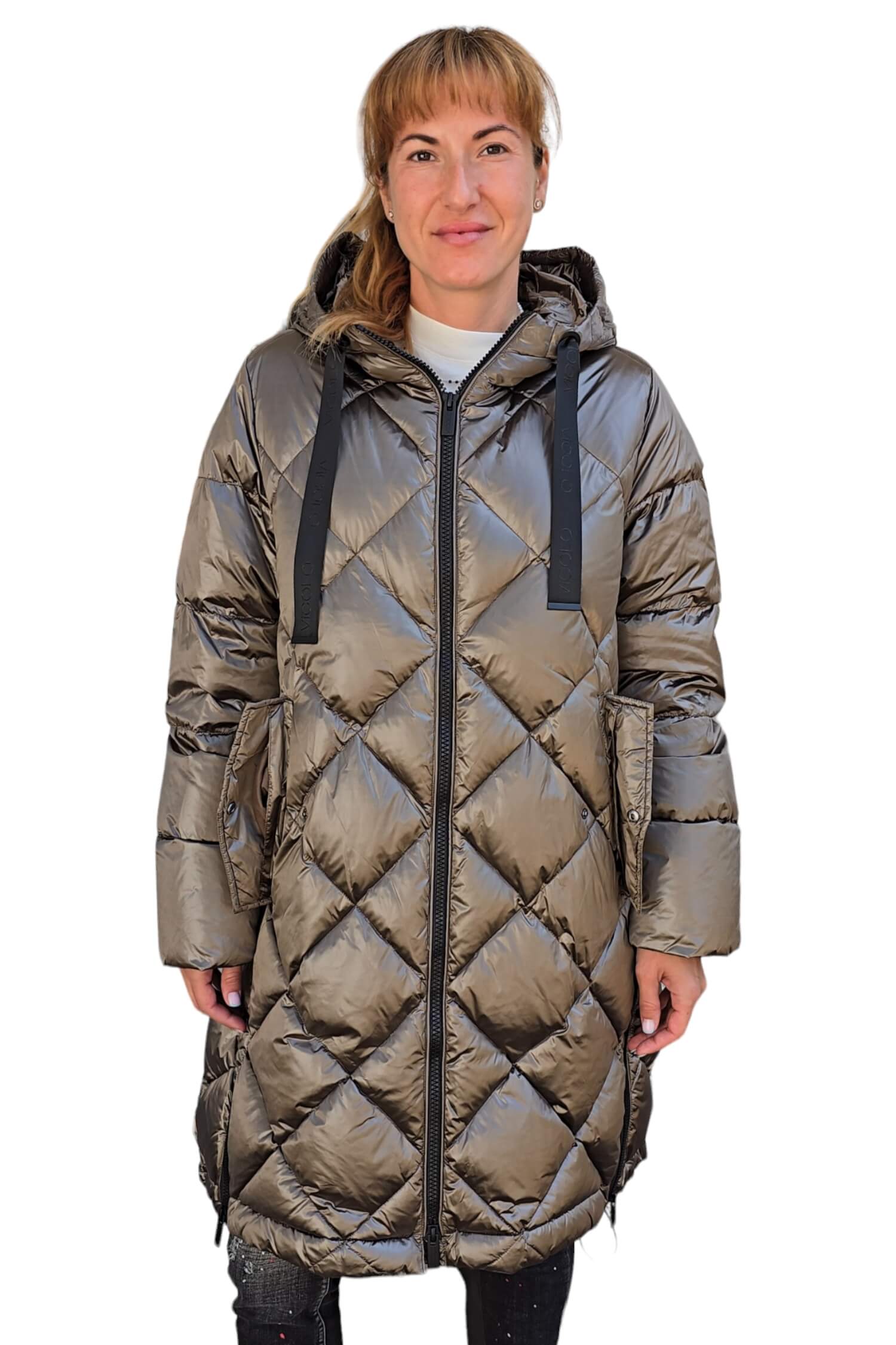 Women's long down quilted winter jacket with a hood VICOLO brown