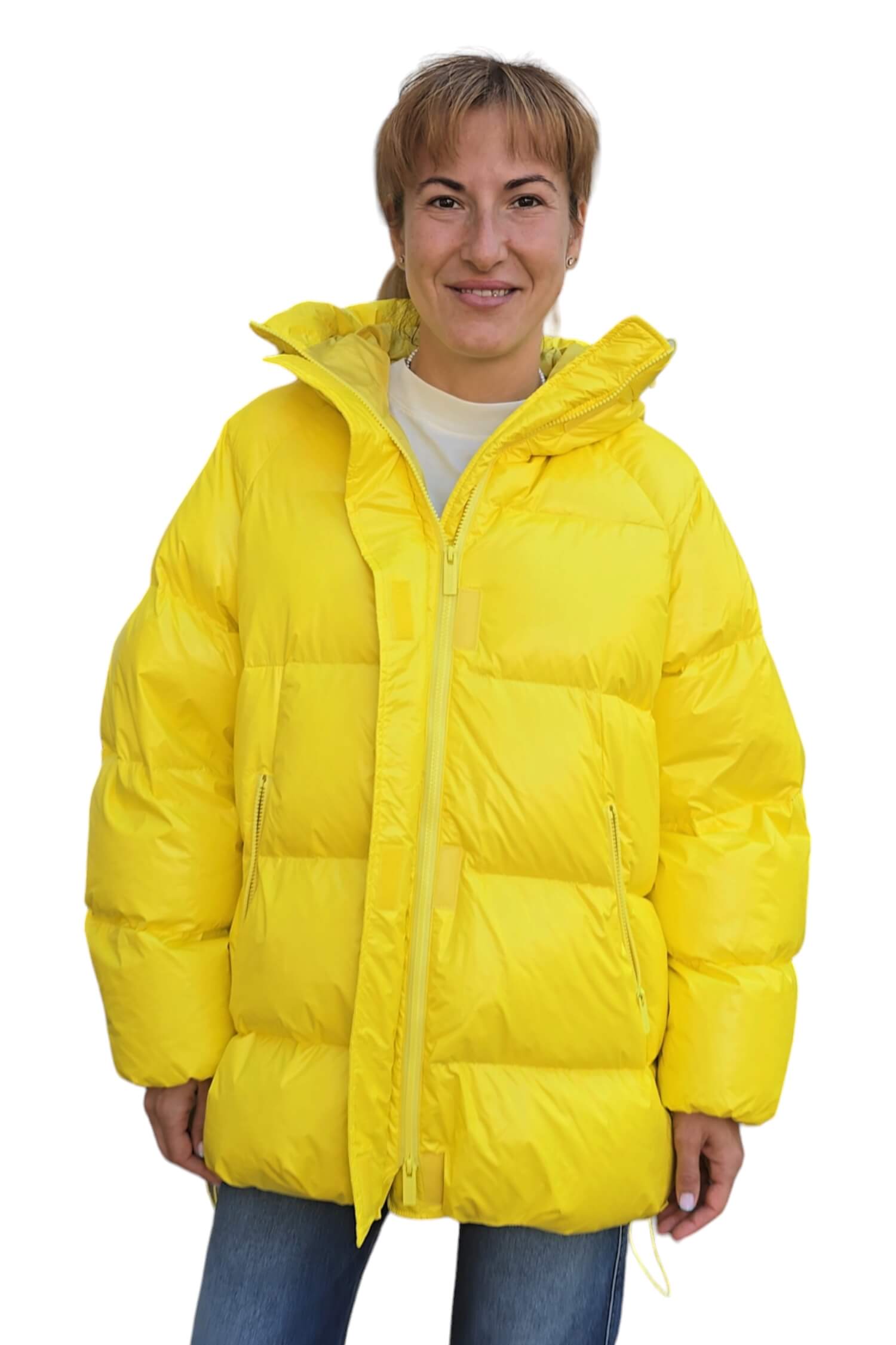 Women's down quilted oversize winter jacket with a hood VICOLO yellow