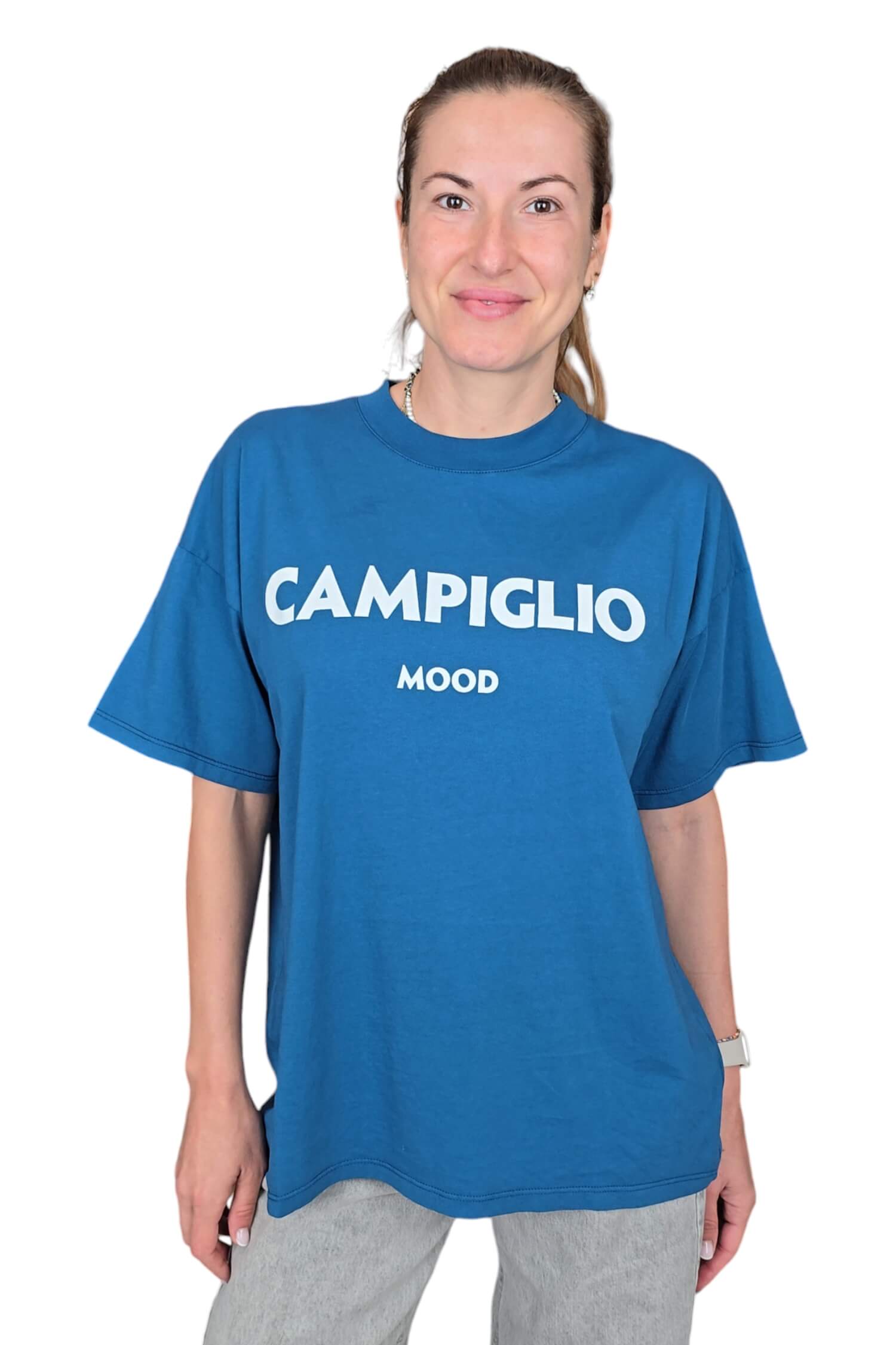 Women's oversize t-shirt with the inscription CAMPIGLIO VICOLO blue