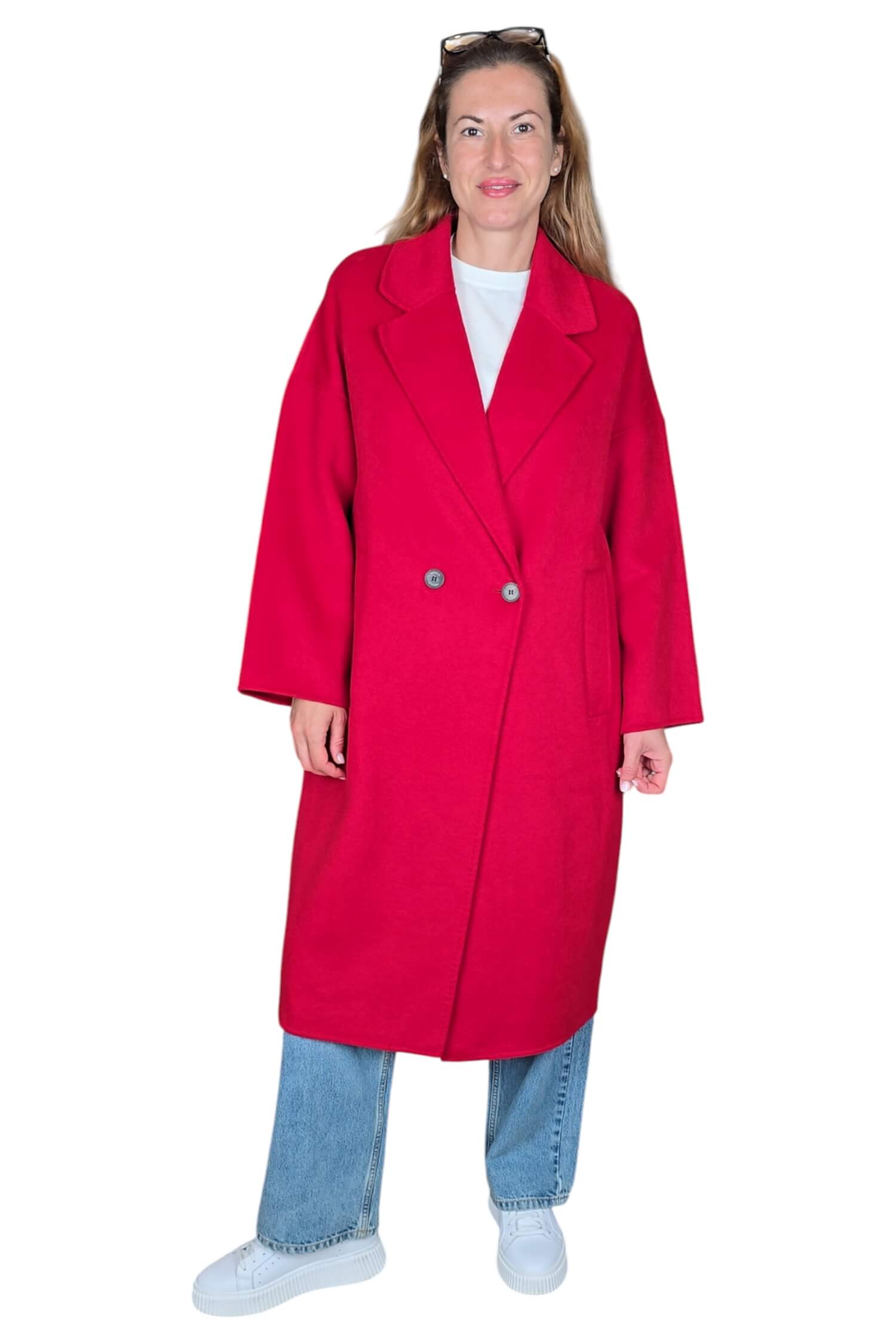 Women's long transitional oversize wool coat VICOLO red (wool blend)