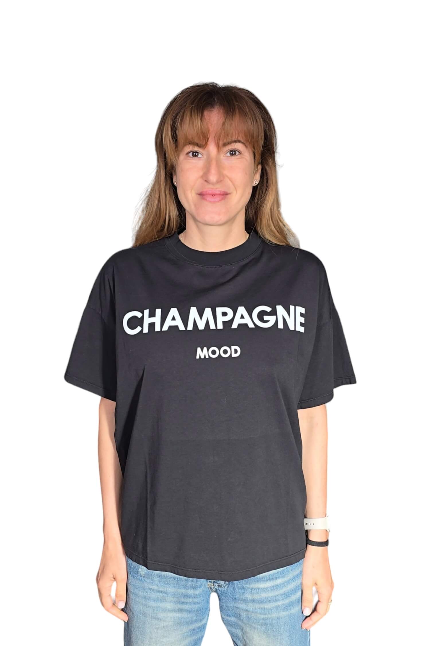 Women's black VICOLO t-shirt with the inscription Champagne mood