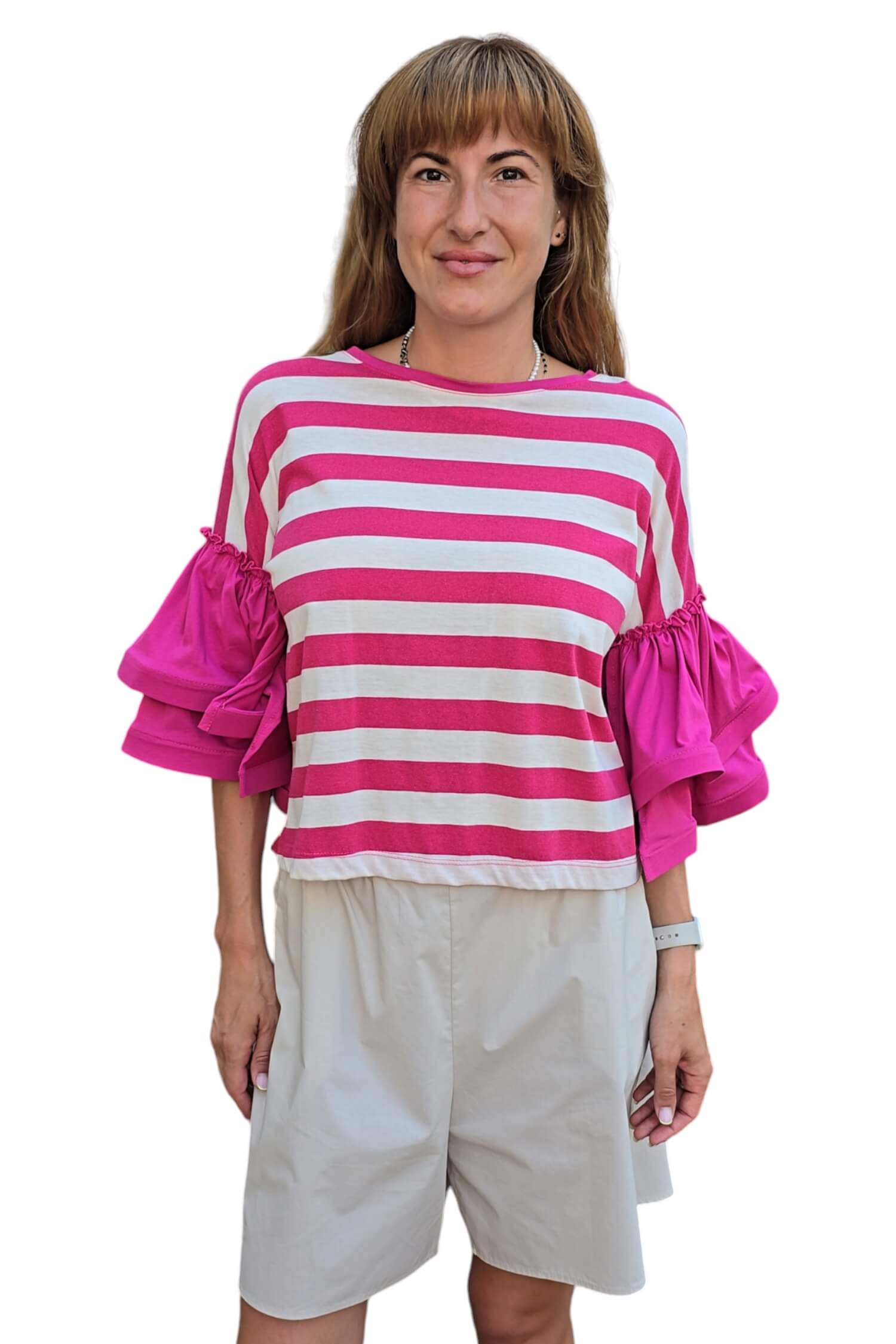 T-shirt with ruffled sleeves VICOLO striped pink