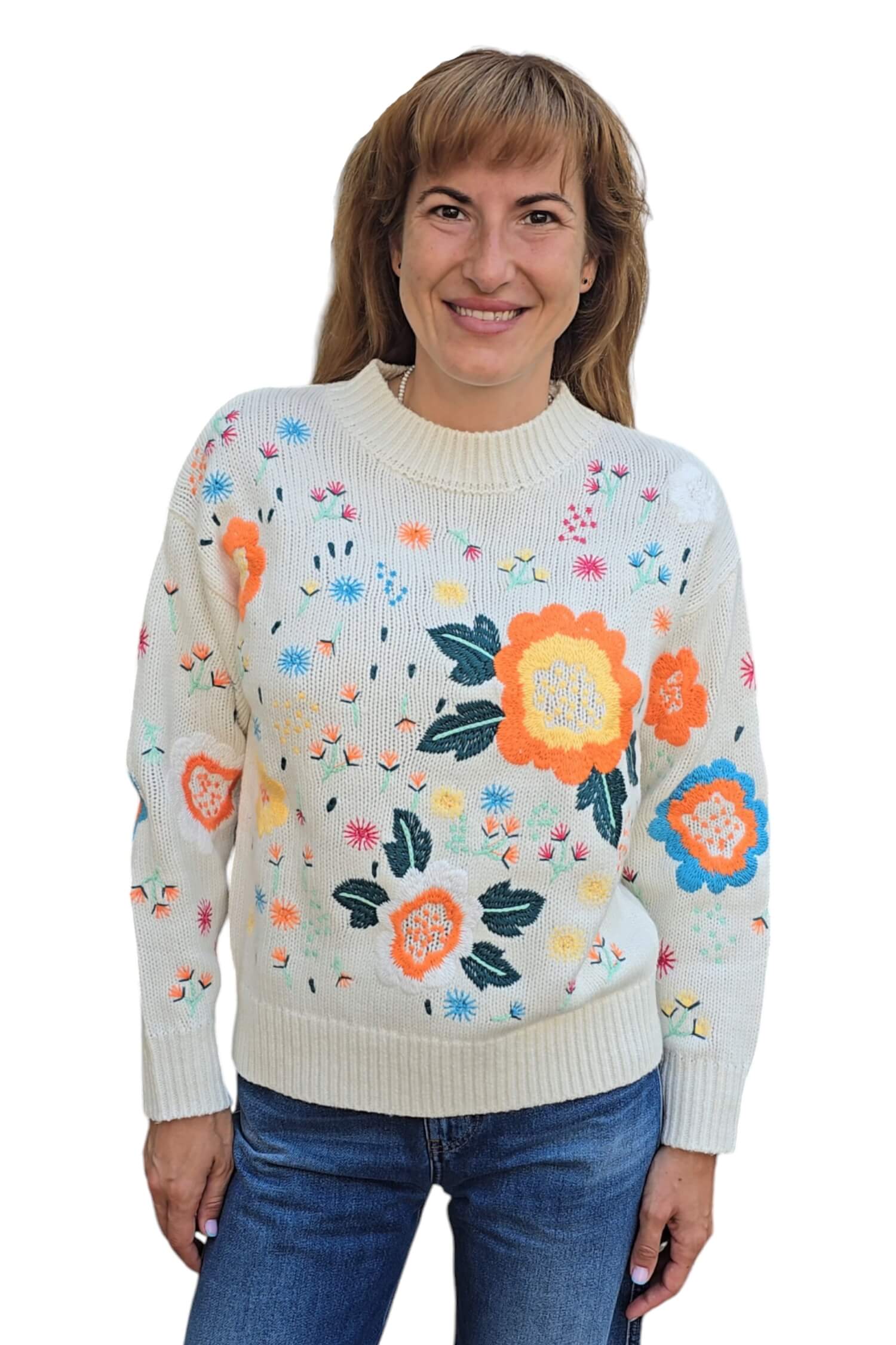 Women's knitted sweater with flowers VICOLO white