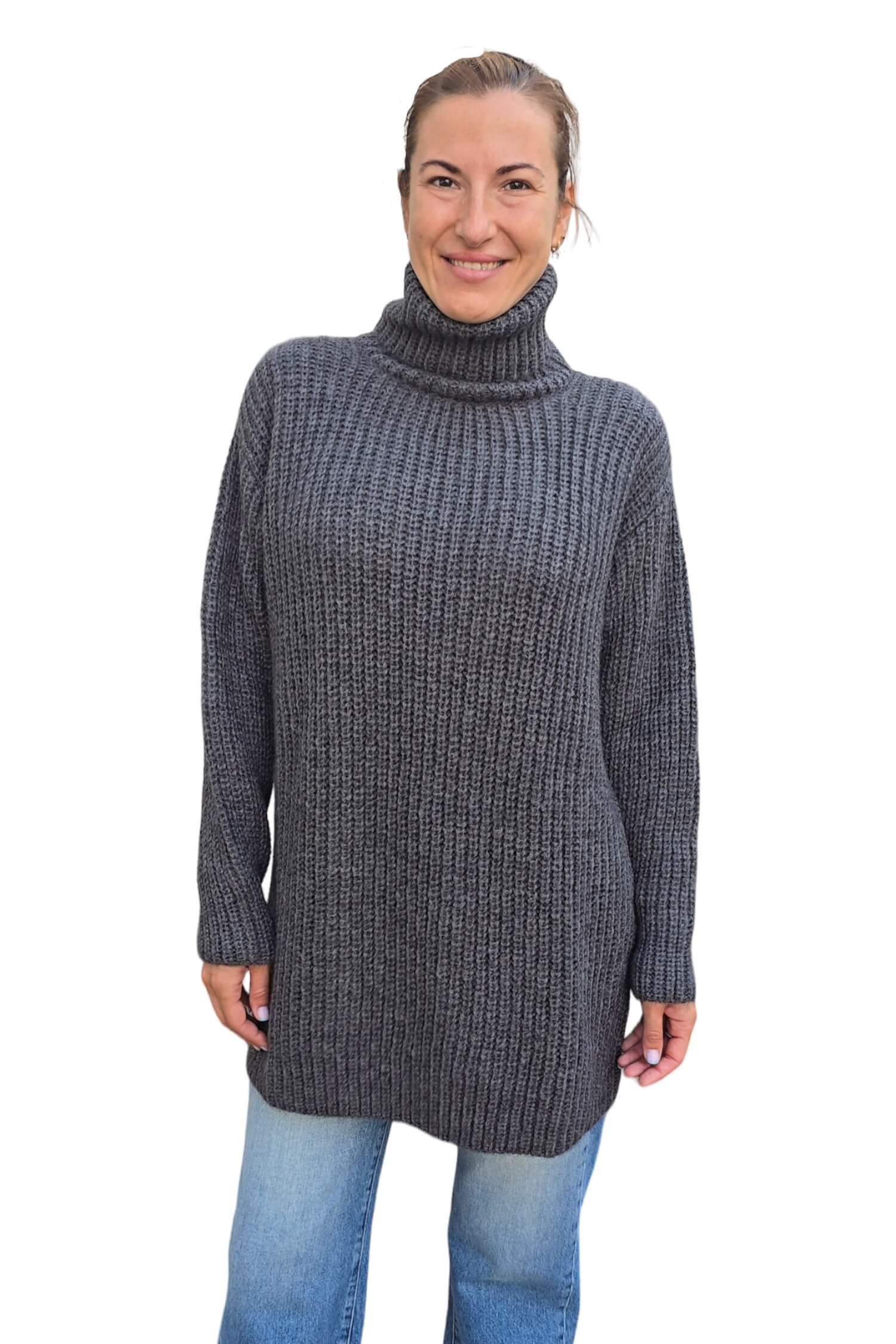 Women's long knitted sweater KONTATTO dark gray