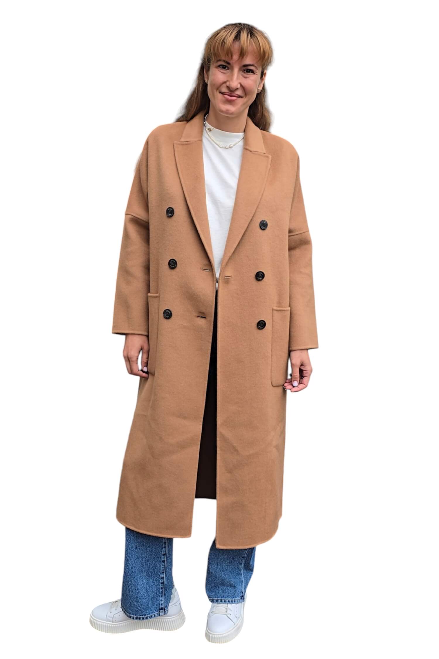 Women's long transitional wool double-breasted coat VICOLO brown (wool blend)