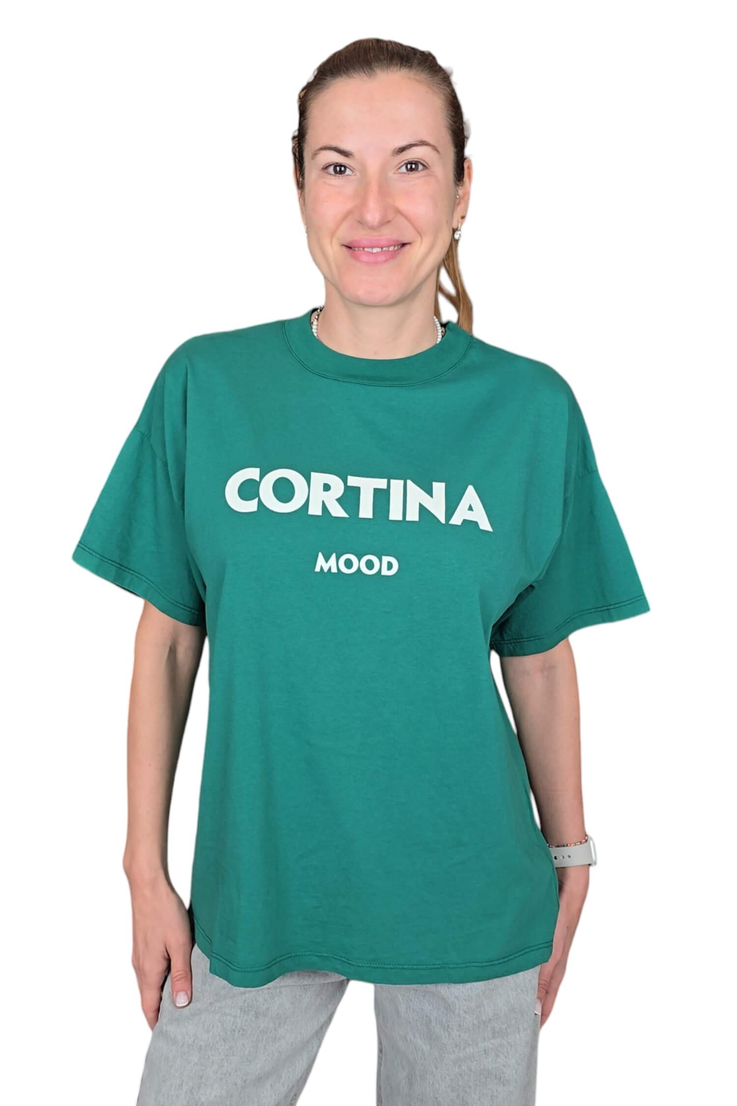 Women's oversize t-shirt with the inscription CORTINA VICOLO green