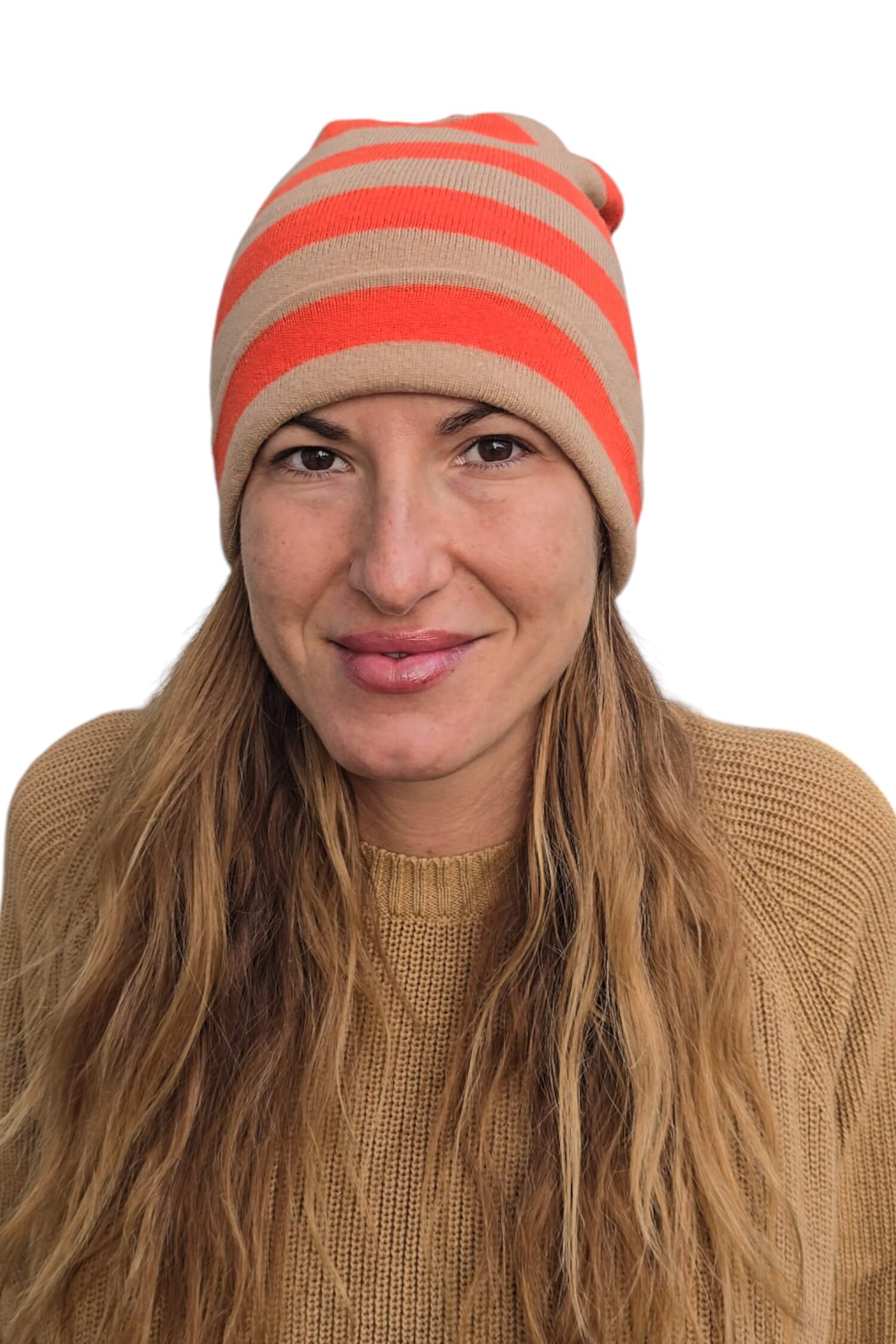 Women's winter cashmere hat with KONTATTO stripes (cashmere blend) orange