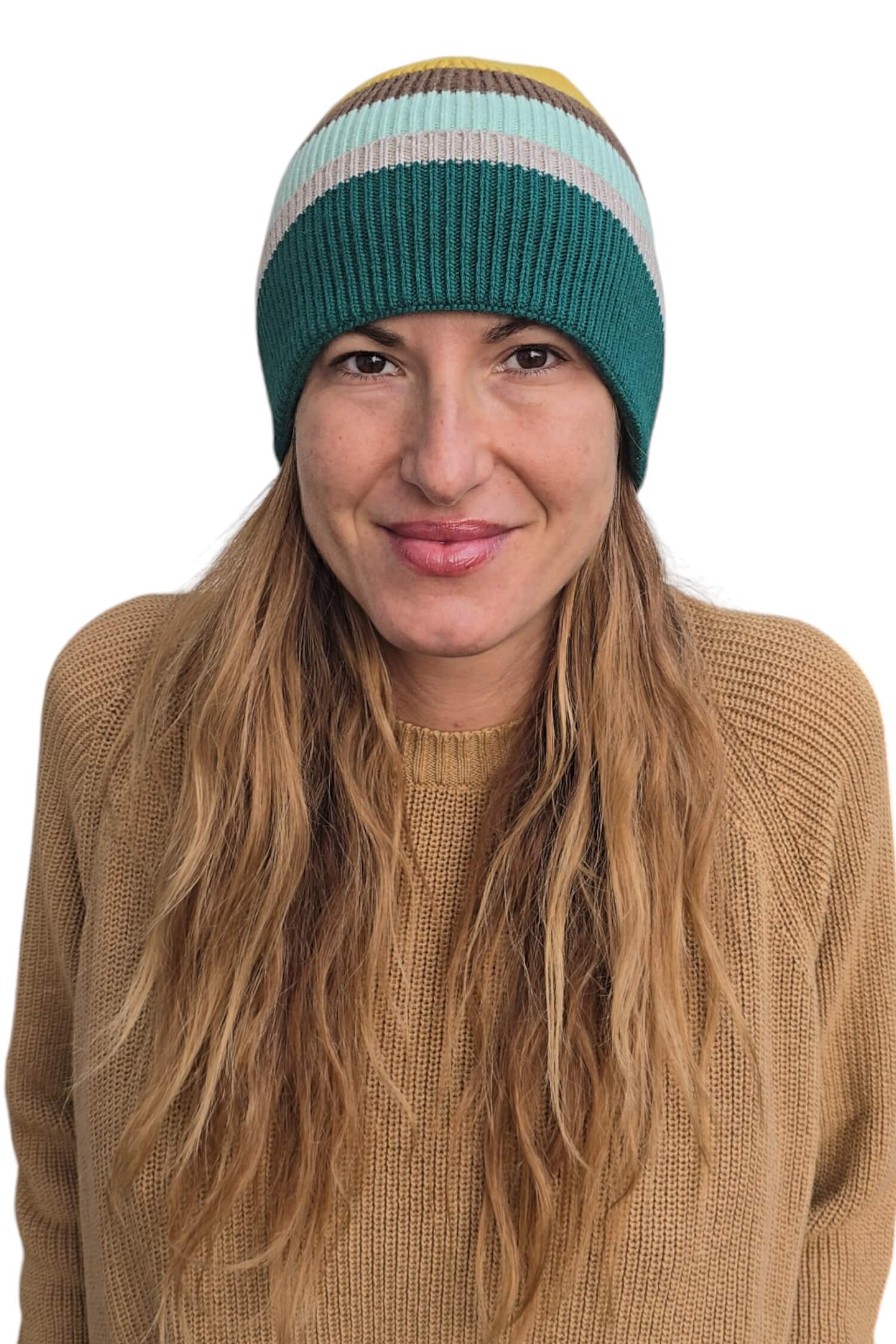 Women's cashmere hat with stripes KONTATTO (cashmere blend) green