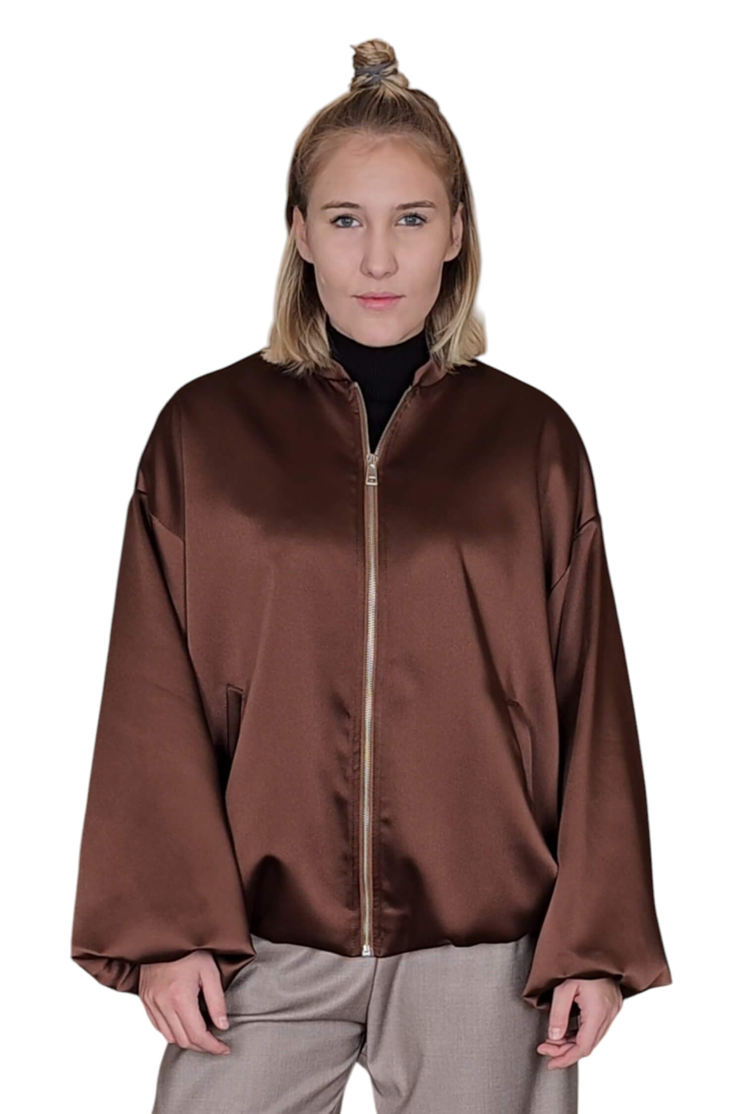 Women's oversize satin bomber jacket IMPERIAL brown