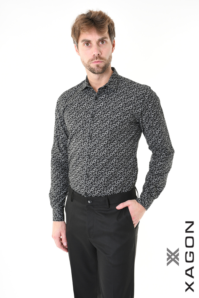 Men's Slim Fit shirt with long sleeves XAGON MAN black with print